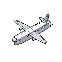 This pixel art showcases a detailed, isometric view of a twin-engine propeller aircraft rendered in a cool, muted palette of whites, greys, and blues. The vintage-style design highlights the plane's form and technical details against a stark black backdrop.