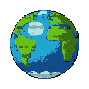This pixel art image presents a vibrant, stylized Earth from space, showcasing the continents and oceans in classic, retro style. The "blue marble" is rendered in distinct pixel blocks, evoking a sense of peace and wonder.