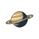This pixel art depicts a stylized Saturn, its iconic rings and banded surface rendered in warm beige and cool blue-gray tones to capture the planet's majestic form. The image uses contrasting light and shadow to create a surprisingly detailed and peaceful representation of the ringed planet.