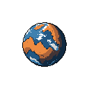 A pixelated, terrestrial planet floats in the void, its blue waters and orange-brown landmasses creating a compelling image of cosmic isolation. The simple, retro style evokes a sense of wonder and nostalgia.