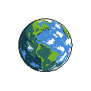 This pixel art image showcases a vibrant, simplified Earth with green continents, blue oceans, and scattered white clouds, seemingly suspended in the black void of space. The artwork offers a peaceful and nostalgic view of our planet from afar.