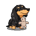 A pixel art dachshund sits contentedly, cradling a small plush toy in its paws with a gentle smile. The warm, earthy tones and soft lighting create a tender and affectionate scene.