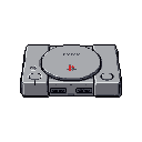 This pixel art image showcases a classic first-generation PlayStation, rendered in shades of gray with the iconic red and yellow logo standing out. The retro design evokes a sense of nostalgia for 90s gaming.