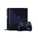 This pixel art image presents a sleek, minimalist rendering of a PlayStation 4 console and DualShock 4 controller, floating in stark contrast against a black void. The muted color palette is punctuated by a vibrant blue light bar, lending a modern and reverent feel to the iconic gaming hardware.