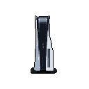 This pixel art image presents a stylized PlayStation 5 console in a minimalist design. The iconic console is rendered in cool grays against a stark black background, highlighting its distinctive two-tone form and modern aesthetic. It's a clean and focused tribute to the object's design.