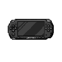 This pixel art image presents a minimalist, grayscale rendition of a handheld console reminiscent of a PSP. The iconic device is rendered in crisp detail, emphasizing its functional design and evoking a sense of nostalgia.
