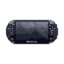 This pixel art image showcases a darkly shaded, static PlayStation Vita console, rendered in a minimalistic style with subtle tonal variations and a nostalgic tech vibe. The design emphasizes the iconic handheld's shape and features, including the "VITA" logo, against a stark black background.
