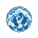 This pixel art depicts a serene, icy planet floating in the void. The textured, blue and white sphere evokes a sense of cold isolation and retro charm.