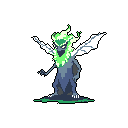 A pixelated, monstrous figure with bat wings stands silhouetted against a black void, its electric green head and flame-like back radiating an ominous energy. The creature's commanding posture and stark color scheme create an otherworldly and slightly unsettling vibe.