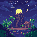 This pixel art depicts a tranquil, moonlit tropical island featuring a towering volcano, a humble wooden hut, and swaying palm trees. A shooting star streaks across the starlit sky, adding a touch of magic to the peaceful night scene.