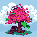 A pixelated cherry blossom tree bursts with vibrant pink blooms and scattered fallen petals, hinting at a gentle breeze in a serene scene. A small ladder leans against its trunk, adding a touch of whimsy to this nostalgic, idyllic view.