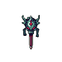 A menacing, pixelated insectoid skull with glowing red eyes and a sharp proboscis floats in the void. The dark teal and cyan creature exudes a sinister aura with its spiky horns and claw-like appendages.