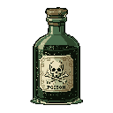 This pixel art depicts a classic poison bottle, complete with a skull and crossbones label and ominous dark liquid, evoking a sense of danger and vintage gaming nostalgia.