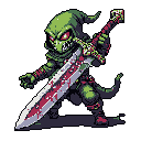 A menacing, green-skinned, goblin-like warrior with glowing red eyes brandishes a bloodied sword in this dark pixel art image. Clad in hooded armor, the creature's aggressive stance and predatory grin hint at a formidable foe ready for battle. The black background emphasizes the character's isolation and intensity.