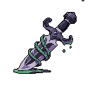 A stylized pixel art dagger, its silver blade wrapped in vibrant green vines, rests in a pool of luminescent liquid. The dark purple hilt and dripping green substance evoke a sense of mystery and dark magic.
