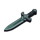 This pixel art showcases an ornate dagger with cool-toned, desaturated colors, emphasizing its intricate details and hinting at hidden power. The sharp lines and elegant design evoke a sense of timeless mystery and potential danger.