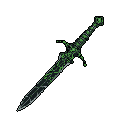 This pixel art longsword features a blade of dark metallic gray, corrupted or enhanced with vibrant, glowing green patterns. The weapon exudes a mysterious and ominous power, hinting at a magical enchantment, technological core, or dangerous corruption.