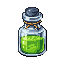 A vibrant green potion glows within a clear glass bottle, sealed with a cork and rustic twine, presented in charming pixel art style. The simple yet striking image evokes a sense of magic or alchemy.