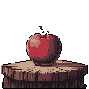 A solitary red apple, rendered in pixel art, rests on a rough-hewn wooden surface. The simple composition and muted color palette create a rustic and quietly melancholic still life.