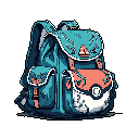 This pixel art showcases a teal-blue backpack with salmon pink and white accents, evoking a nostalgic sense of adventure or school days. The retro color scheme and simple design emphasize the backpack's practicality.