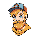 This pixel art portrait features a quirky, light-blue-eyed man with a meticulously rendered orange-brown beard and baseball cap. The bust-shot's warm color palette and detailed rendering give him a friendly, slightly hipster vibe.
