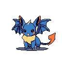 This adorable pixel art features a bat-like Eevee evolution, rendered in vibrant blues and oranges with a cute expression. The creature's playful design and retro aesthetic evoke classic video game sprites.