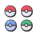 This pixel art showcases four stylized Poké Balls, including the classic red and white design (one with a smudge!), alongside blue and green variations. The simple color scheme and nostalgic aesthetic evoke classic video game memories.