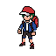 This pixel art image features a young, determined-looking trainer reminiscent of classic RPGs. He's sporting a red and white cap, green hair, and a blue jacket, ready for adventure.