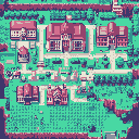 This pixel art depicts a tranquil, isometric village or school campus with red-roofed buildings nestled among lush greenery. A network of pathways connects the structures, creating a peaceful and slightly nostalgic scene. The limited color palette and clean lines evoke a sense of quiet community life.