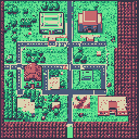 This pixel art image presents a detailed overhead view of a small, retro-styled town with buildings, roads, and green spaces, evoking a nostalgic feel. The town is bordered by dark terrain on two sides and lighter grassy areas on the others.