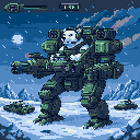 A heavily armed combat mech stands ready in a snowy landscape, its pilot visible in the open cockpit. This detailed pixel art evokes a grim, tactical, and nostalgic futuristic warfare scene.