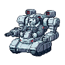 A Shiba Inu-like dog pilots a heavily armored, pixelated tank-mech, complete with a Gatling gun and missile launchers. The serious, militaristic vibe is tempered by the charming animal pilot in this detailed pixel art portrait.
