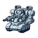 A stoic dog pilot commands a heavily armed, bipedal mech mounted on a tank chassis, showcasing a blend of cute charm and formidable firepower. The gray mech, complete with gatling gun and missile launchers, is ready for battle.