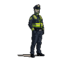 A pixel art police officer stands watch, his neon-striped uniform a stark contrast against the black background. With hands casually in his pockets, he exudes quiet professionalism and vigilance. The image evokes a character select screen from a classic pixel art game.