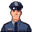 This pixel art image portrays a stern-faced police officer in uniform, rendered in a classic, simplified style. The portrait captures a sense of authority with its serious expression and attention to detail.