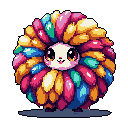 A cheerful, fluffy, dandelion-like creature with wide, innocent eyes and a tiny smile pops against a stark black background. This colorful, pixel-art orb exudes cuteness and nostalgia, reminiscent of classic video game characters.