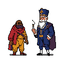 Pixel art showcases a dark-skinned, red-cloaked figure standing beside a lighter-skinned man in a blue, gold-trimmed uniform and ornate hat, one holding what appears to be a scroll or lit stick. The distinct characters, set against a stark black background, evoke a sense of historical fantasy and intriguing contrast.
