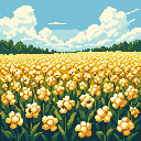 A serene pixel art landscape captures a sunlit field bursting with fluffy yellow flowers under a clear blue sky dotted with clouds. The low vantage point emphasizes the vastness and beauty of the vibrant, peaceful scene.
