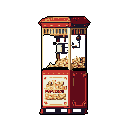 This pixel art showcases a vintage popcorn machine, brimming with fluffy kernels and ready to serve. The warm color palette and detailed textures evoke a nostalgic Americana vibe.