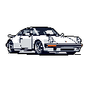 This pixel art image showcases a classic white sports car, reminiscent of a Porsche 911, in a stylish side profile. Rendered with retro digital flair, the iconic vehicle pops against a stark black background, highlighting its sleek design and subtle color accents.