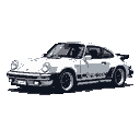 This pixel art image showcases a classic white Porsche 911 Turbo in profile, meticulously rendered with a limited grayscale palette. The iconic sports car, complete with its signature spoiler and "TURBO" stripe, exudes an air of timeless elegance.