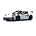 This pixel art captures a sleek, modern sports car in a minimalist, retro style. The high-performance coupe is rendered in stark white and grey against a black backdrop, emphasizing its distinctive design details.