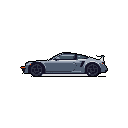 A sleek, grey pixel art sports car is captured in a stylish profile view, showcasing its modern design. The minimalist aesthetic and subtle orange accents create a sense of quiet sophistication and technical admiration.