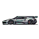 A sleek, pixelated sports car gleams in metallic silver, its aggressive stance hinting at futuristic speed and power. Red accents highlight the wheels and body, contrasting against the cool color palette. This static image captures a sense of advanced engineering and aerodynamic design.
