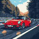 A vintage red Porsche 911 drifts around a sharp turn on a racetrack, captured in dynamic pixel art. The image evokes a sense of speed and classic racing nostalgia.