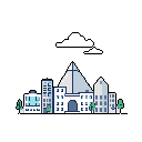 A minimalist pixel art cityscape showcases stylized buildings dominated by a pyramid-like structure under a couple of simple clouds, all rendered in a cool, desaturated palette against a stark black background.