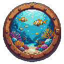 A porthole frames a vibrant pixel art scene of clownfish swimming serenely amidst a colorful coral reef. The bright orange and white fish pop against the cool blues of the water, creating a cheerful underwater tableau.