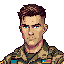 This pixel art portrait captures a determined young man, possibly a soldier, with striking blue eyes and a military-style uniform. The 16-bit aesthetic and serious expression evoke a sense of classic video game stoicism and professional readiness.