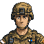 This pixel art portrait depicts a stoic soldier in uniform against a black background, showcasing detailed military attire and insignia. The earthy color palette and focused gaze evoke a sense of duty and readiness. The retro pixel style adds a unique touch to this modern military depiction.