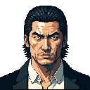 This pixel art portrait captures a stern-faced man in a dark suit, his tilted head and furrowed brow conveying a sense of seriousness and intensity. The limited, muted color palette and stark black background further emphasize his rugged and slightly aged appearance.
